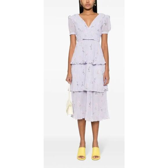 SELF-PORTRAIT‎ Belted pleated Floral Print Chiffon Midi Dress Size 12 NWT - Picture 1 of 12